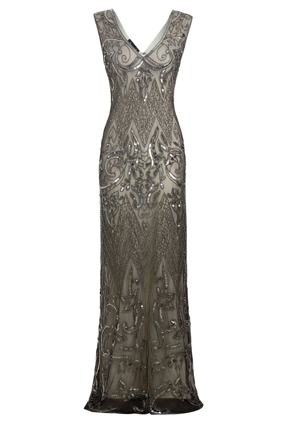 Angie - Dusty Grey Embellished 1920s Gatsby Formal Dress | Jywal
