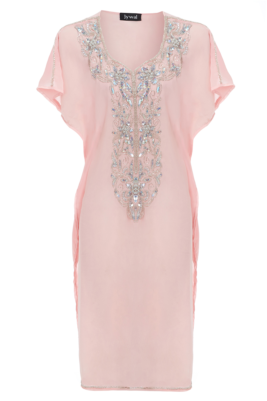 Maliya Silver Embellished Short Baby Pink Beach Kaftan Dress | Jywal London