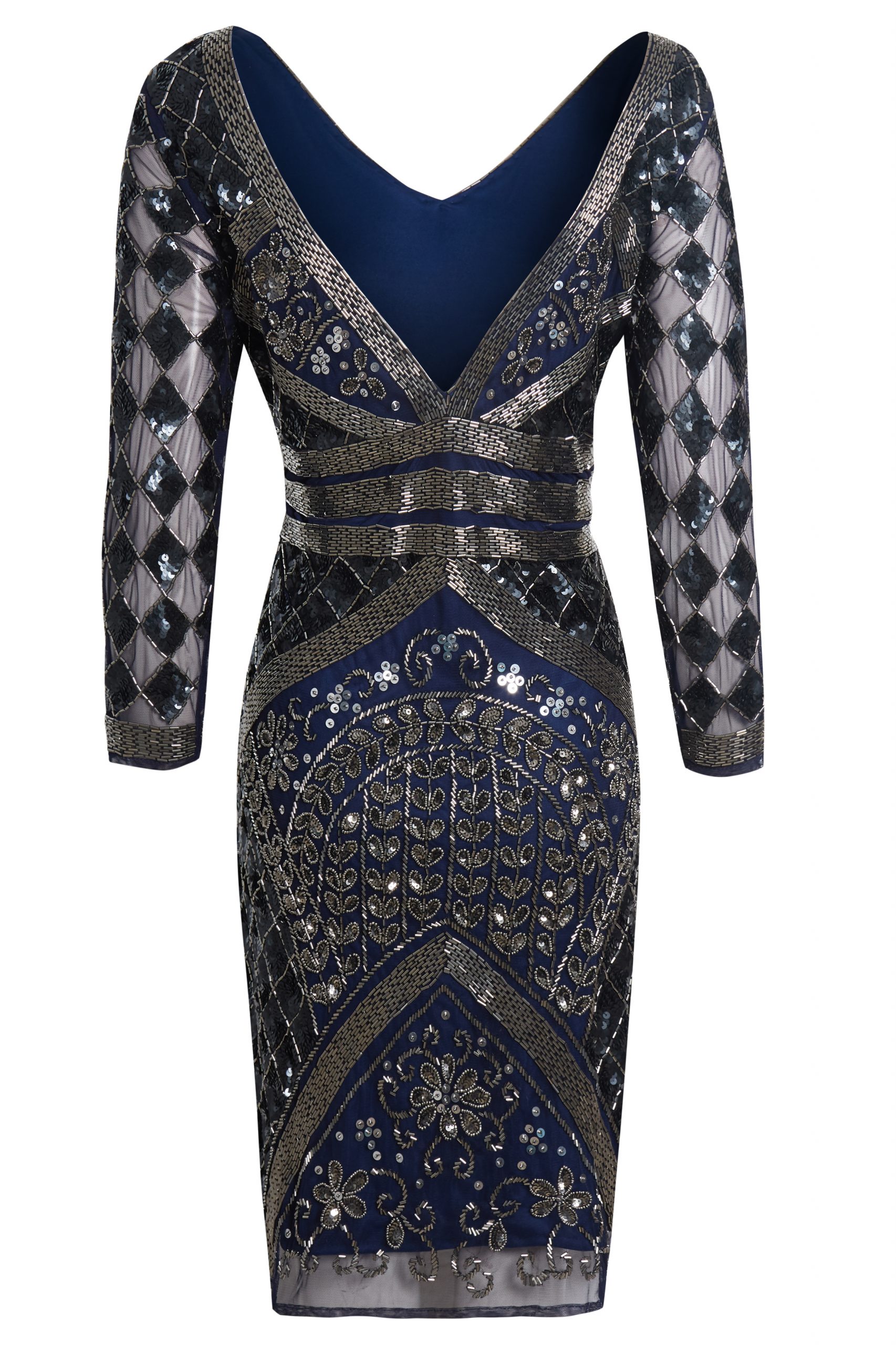 Mia - Navy Blue Embellished Long Sleeve Gatsby Dress | Jywal