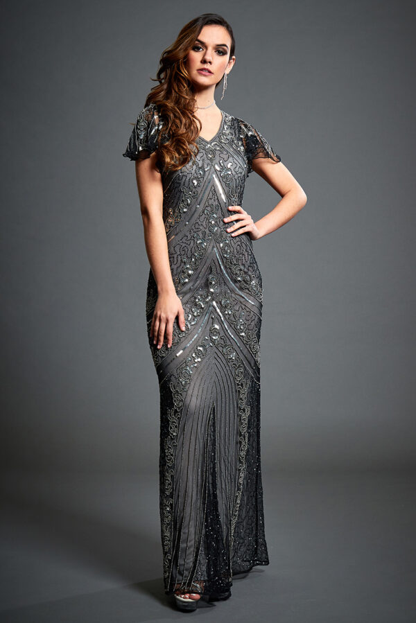 Angie Gold Embellished 1920's Art Deco Gatsby Evening Cocktail Dress