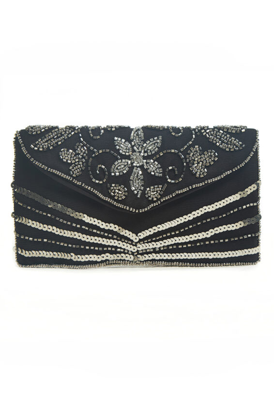 Victoria Embellished Small Black Evening Clutch Purse | Jywal London