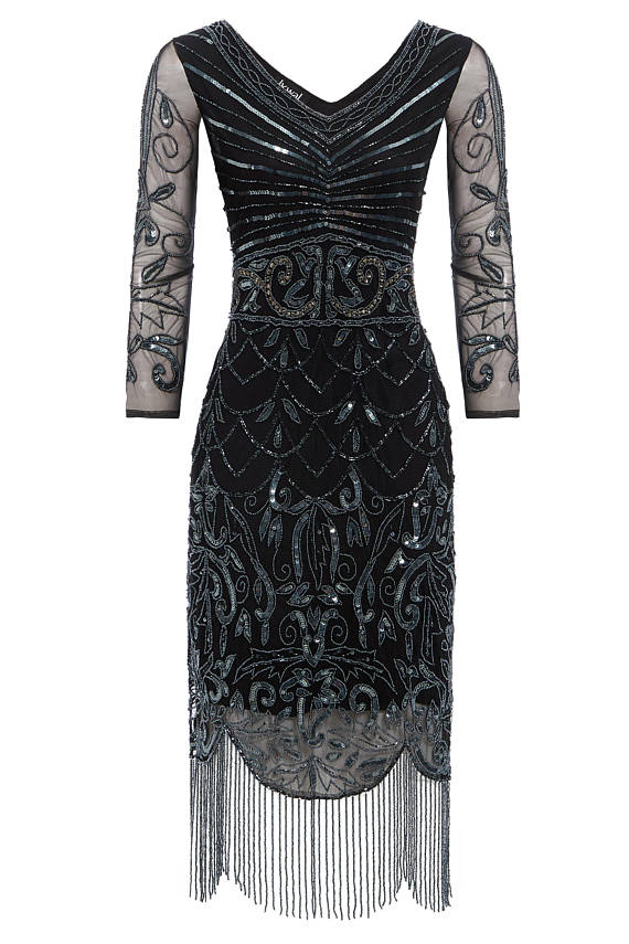Tabitha Black Midi Embellished 1920s Gatsby Long Sleeve Flapper Dress ...